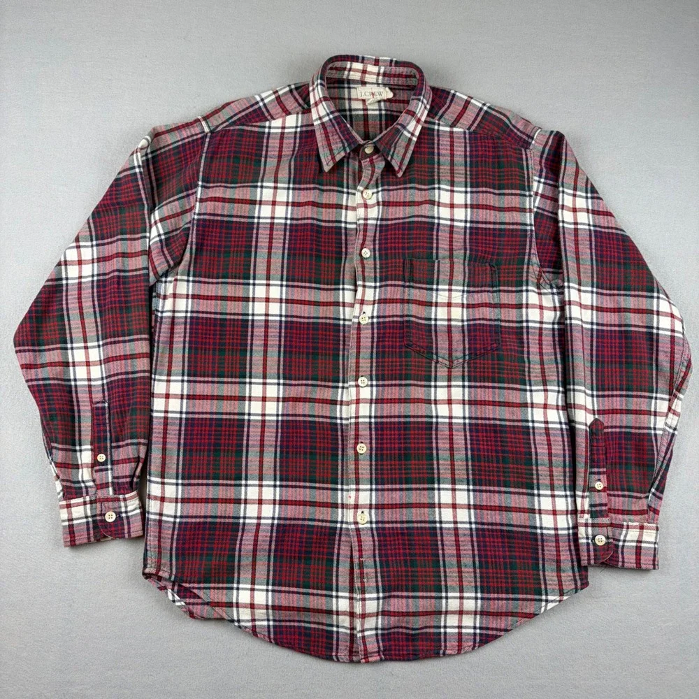 VTG J Crew Oarsman Mens Medium Red Plaid Long Sleeve Flannel Shirt Cotton